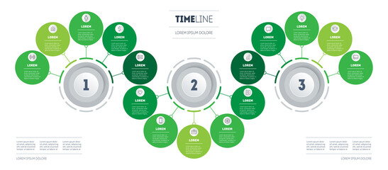 Business presentation with fifteen parts. Brochure design template. Diagram of green technology or education process. Infographic in the form of wave consisting of 3 segments and 15 options. Vector.