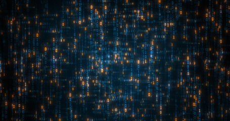 Aufkleber - 	
Digital binary data and streaming binary code executed by a computer on a 3D plane. Visual representation big data concept. Compiling, optimizing Neural Nets. 3D render
