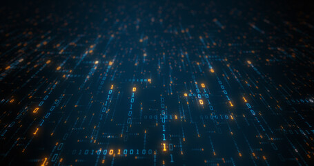 Poster - binary code flowing down screen at angle. abstract visual of computer data, downloading from interne