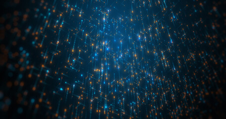 Aufkleber - Binary data moving in all directions creating a web of information across the screen and angle. orange and blue digit zero and one rendering a trail of data. High Tech Background. 3D render