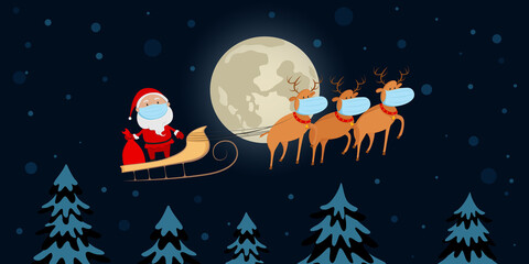 Wall Mural - Santa Claus in medical mask flying on reindeer sled. Cartoon. Vector illustration.