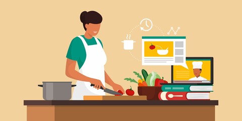 Woman learning recipes online