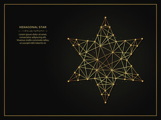 Wall Mural - Hexagonal star golden abstract illustration on dark background. Geometric shape polygonal template made from lines and dots.