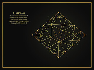 Sticker - Rhombus golden abstract illustration on dark background. Geometric shape polygonal template made from lines and dots.