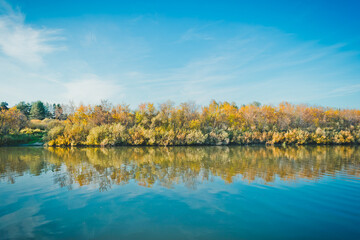 Wall Mural - Landscape of a beautiful lake at the edge of the forest