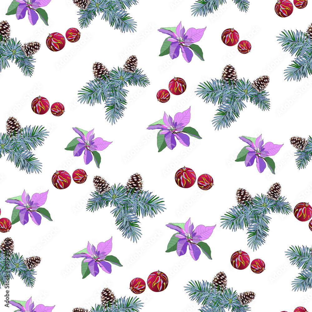Pine branches with cones, beautiful poinsettia and Christmas balls on a ...