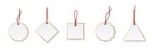 Price Or Label Tags Mockup Template Set. Blank Cards With Red Strings For Gifts Or Sales With Different Shapes: Round, Rectangle, Square. Empty Stickers With Gold Frames Vector Illustration