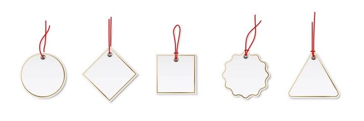 Price or label tags mockup template set. Blank cards with red strings for gifts or sales with different shapes: round, rectangle, square. Empty stickers with gold frames vector illustration