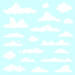 Flat vector cartoon illustration of white clouds on a blue background