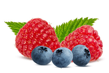 Wall Mural - Blackberries and raspberries with leaves  isolated on white background  background with clipping path