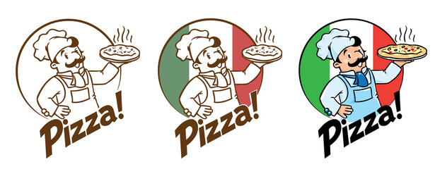 Poster - Emblem of funny cook or baker with pizza and logo