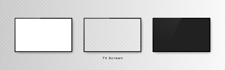 Wall Mural - Set of three realistic television screens isolated on transparent background. 3d blank TV led monitor. Vector illustration