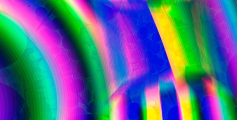 Poster - multicolored bright neon arc-shaped luminous stripes blue-green-yellow-pink, blurred image, 3d render