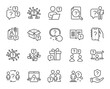 Questions line icons. Artificial intelligence computer, phone with question mark, problem solve. Quiz, faq guide, job interview line icons. Ask person, question bubble, family problem. Vector
