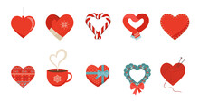 Winter Love. Collection Of Concept Icons, Elements With Red Hearts In Different Shapes: Scarf, Mug, Gift Box, Mittens And Candy. Flat Vector Icons, Isolated On White. Concept Christmas Vector Design