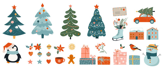 collection of christmas decorations, holiday gifts, winter knitted woolen clothes, ginger bread, tre