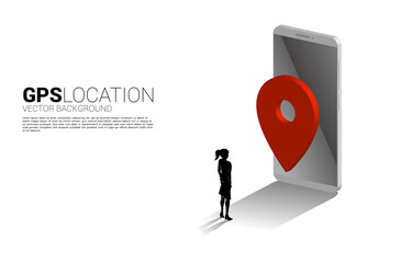 Aufkleber - silhouette of businesswoman with 3D GPS pin marker and mobile phone. concept of location and facility place , GPS technology