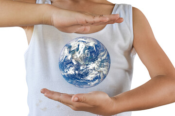 Wall Mural - globe, earth in child hand isolated on white background with clipping path. elements of this image f