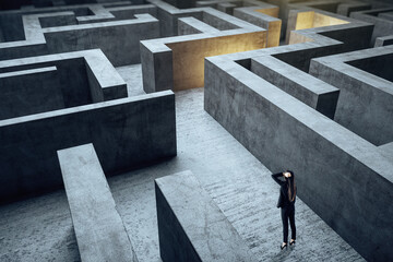 Poster - Young businesswoman in suit standing in maze.