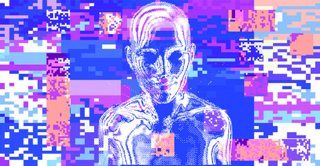 Aufkleber - Glitched screen with human silhouette hidden in pixels. Conceptual illustration for Artificial intelligence, Cyber Security and Informational technologies.