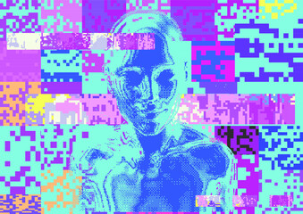 Aufkleber - Glitched screen with human silhouette hidden in pixels. Conceptual illustration for Artificial intelligence, Cyber Security and Informational technologies.