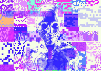 Aufkleber - Glitched screen with human silhouette hidden in pixels. Conceptual illustration for Artificial intelligence, Cyber Security and Informational technologies.