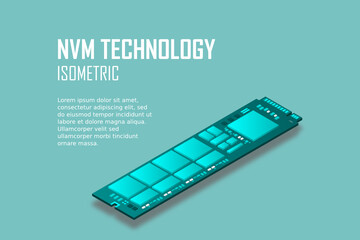 NVME Express M.2 memory realistic 3d isometric illustration, random access memory, personal computer hardware component, custom gaming and workstation accessories, vector illustration.