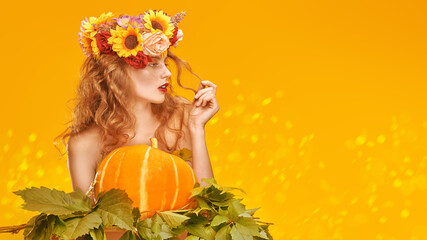 Wall Mural - girl with pumpkin