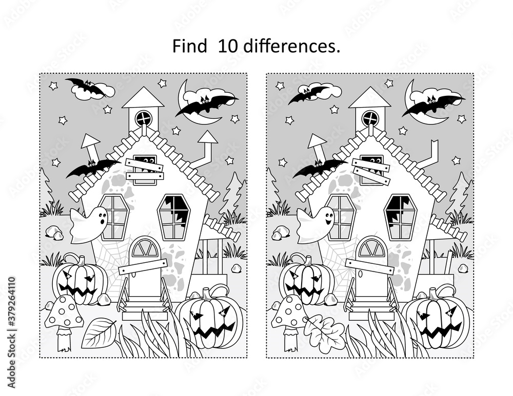 Find 10 differences visual puzzle and coloring page with Halloween ...