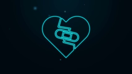 Poster - Glowing neon line Healed broken heart or divorce icon isolated on black background. Shattered and patched heart. Love symbol. Valentines day. 4K Video motion graphic animation