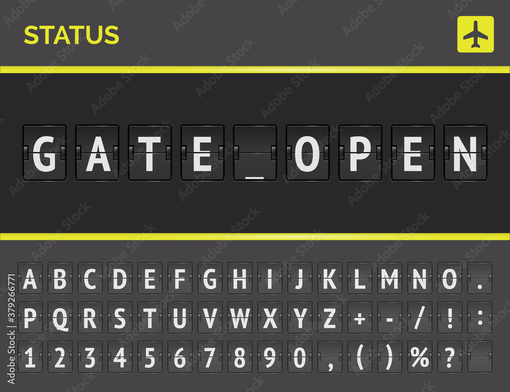 Airport flight status board vector banner with realistic flip font for flights status Gate open