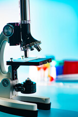 medical laboratory, scientist hands using microscope for chemistry biology test samples,examining li