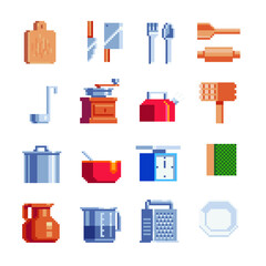 Poster - Kitchenware pixel art icon set isolated vector illustration 8-bit sprite video game assets. Kitchen utensils. Design for stickers, logo, embroidery, mobile app.