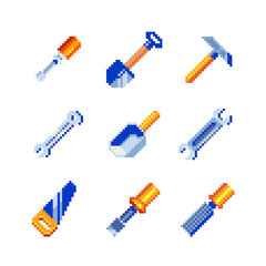 Trowel, screwdriver, saw, putty knife and wrench pixel art icon. Spatula construction tool. Isolated vector flat illustration.  Design for stickers, logo and mobile app. 8-bit sprite.