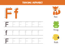 F Is For Fox, Frog, Fish. Tracing English Alphabet Worksheet.