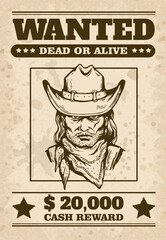 Wall Mural - Wild west wanted poster with cowboys face, sketch cartoon vector illustration.