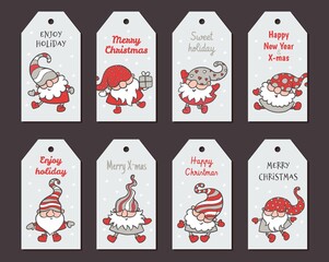 Wall Mural - Greeting Christmas tags or badges set with cartoon gnome vector illustration.