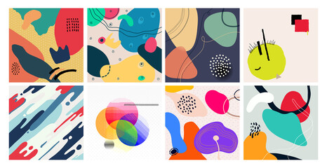 Wall Mural - Set of colored abstract cover. Hand drawn various shapes and doodle objects. Contemporary modern trendy background. Pastel and rich colors. Vector illustration isolated on white background.