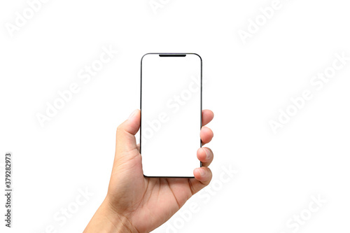 Fotografía male hand holding phone isolated on white, mock-up smartphone blank screen with