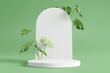  Product  display podium with monstera leaves on green background. 3D rendering