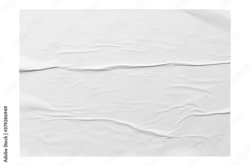 white horizontal paper wrinkled poster  template , blank glued creased paper sheet mockup. - obrazy, fototapety, plakaty 
