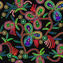 Sequins. Embroidery Art. Fashionable Design For Dresses, Handkerchief, Clothes. Fashion Floral Seamless Pattern. Realistic Precious Flowers. Jewelry Background. Template For Clothing, Fabric, Textile