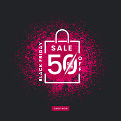 Wall Mural - black friday sale poster design with 50% discount offer and pink dust particles splash background.