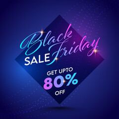 Wall Mural - Black Friday Sale Poster Design with 80% Discount Offer on Blue Dotted Waves Background for Advertising.