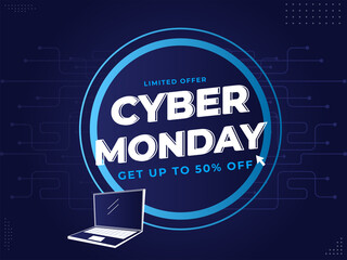 Wall Mural - UP TO 50% Off for Cyber Monday Sale Poster Design with Laptop Illustration.