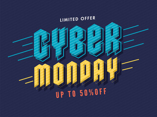 Wall Mural - Creative Cyber Monday Text with 50% Discount Offer on Blue Diagonal Lines Background for Sale. Can be used as poster design.