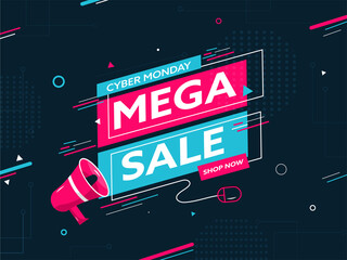 Wall Mural - Cyber Monday Mega Sale Poster Design with Mouse and Loudspeaker on Teal Abstract Geometric Background.