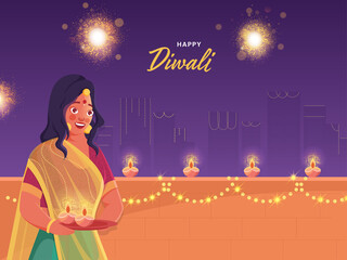 Poster - Beautiful Young Woman Holding Plate of Lit Oil Lamps (Diya) on Decorative Balcony for Happy Diwali Celebration.