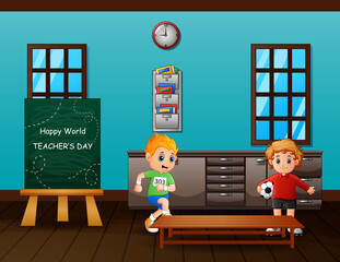 Wall Mural - Happy Teacher's Day text on chalkboard with kids in the classroom