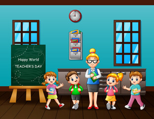 Wall Mural - Happy Teacher's Day text on chalkboard with teacher and students